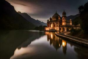 un mezquita en el montañas a noche. generado por ai foto