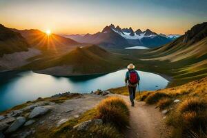 a man walks up a path to a lake at sunset. AI-Generated photo