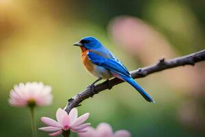 un azul pájaro se sienta en un rama con rosado flores generado por ai foto