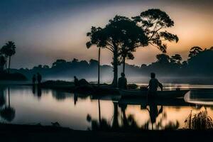 people in a boat on a lake at sunrise. AI-Generated photo