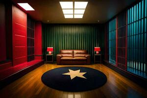 a room with a leather couch and a star on the floor. AI-Generated photo
