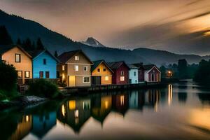 colorful houses on the water at sunset. AI-Generated photo