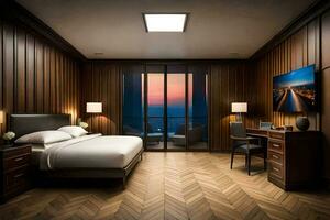 a bedroom with wooden paneling and a large bed. AI-Generated photo