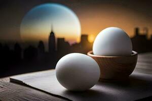 two eggs in a bowl with a city in the background. AI-Generated photo
