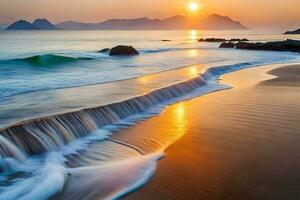 a beautiful sunset over the ocean with waves crashing into the sand. AI-Generated photo