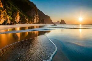 el Dom sube terminado el Oceano y el playa. generado por ai foto