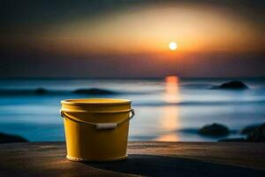 un amarillo Cubeta se sienta en el playa a puesta de sol. generado por ai foto