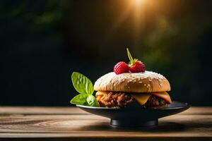 a hamburger with cheese and strawberries on a plate. AI-Generated photo