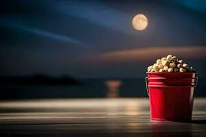 a bucket of peanuts on a wooden table with a full moon in the background. AI-Generated photo