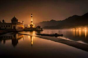 a mosque in the middle of a lake at night. AI-Generated photo