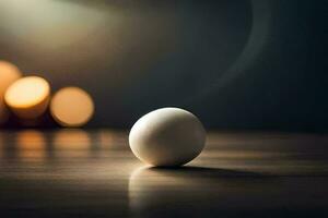 an egg on a table with blurred lights. AI-Generated photo