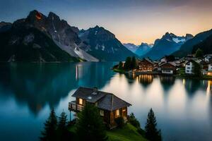 a lake and mountain range at sunset with a house in the foreground. AI-Generated photo