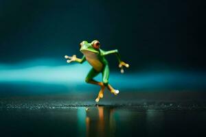 a small frog is jumping on the ground. AI-Generated photo