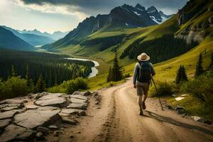 a man with a hat walks down a dirt road in the mountains. AI-Generated photo