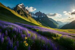 the sun shines on the mountains and flowers in the valley. AI-Generated photo