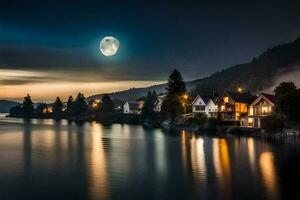 un lleno Luna terminado el lago a noche. generado por ai foto