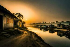 un río en el pueblo a puesta de sol. generado por ai foto