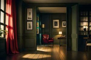 a room with a red chair and bookshelf. AI-Generated photo