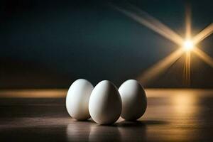 Tres huevos en un mesa con un brillante ligero detrás a ellos. generado por ai foto