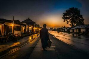 a man walks down a street at dusk with a suitcase. AI-Generated photo