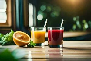 two glasses of juice with straws on a wooden table. AI-Generated photo