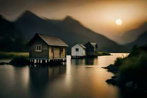 two small wooden houses sit on stilts in the water. AI-Generated photo