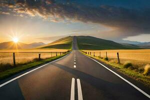 un largo vacío la carretera en el medio de un campo. generado por ai foto