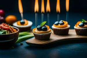 cupcakes with blueberries and carrots on a wooden board. AI-Generated photo