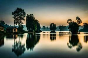 a lake with houses and trees at sunset. AI-Generated photo