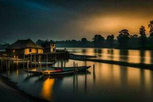 a boat dock at sunset with a hut and a house. AI-Generated photo