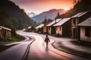un chico camina abajo un la carretera en el medio de un aldea. generado por ai foto