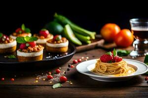 spaghetti and other food on a table. AI-Generated photo