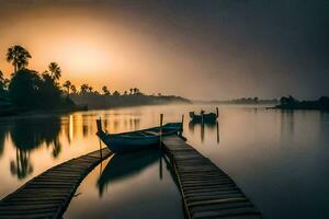 a boat sits on the dock at sunrise. AI-Generated photo