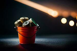 a bucket filled with wine corks on a dark background. AI-Generated photo