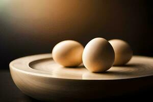 three eggs on a wooden plate. AI-Generated photo