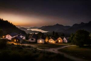 a small village at dusk with mountains in the background. AI-Generated photo