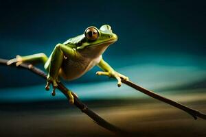 a frog sitting on a branch with a dark background. AI-Generated photo