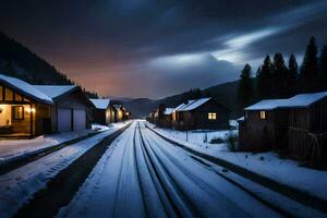 a snowy road in the mountains with houses and a train. AI-Generated photo