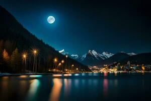 foto fondo de pantalla el cielo, montañas, lago, luna, noche, el luna, el noche cielo. generado por ai