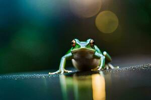 a frog sitting on the ground with a blurry background. AI-Generated photo