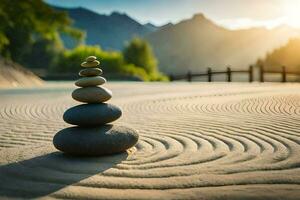 a stack of rocks in the sand with mountains in the background. AI-Generated photo