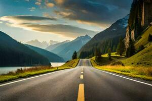 a long road with mountains in the background. AI-Generated photo