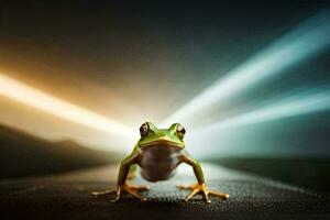 a frog sitting on a car seat with light coming from the back. AI-Generated photo