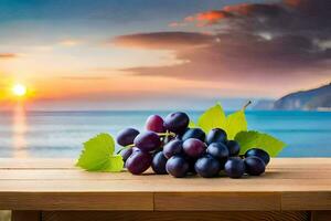 grapes on the table at sunset. AI-Generated photo