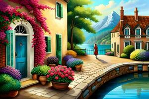 a painting of a village with flowers and a house. AI-Generated photo