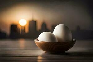 two eggs in a wooden bowl on a table with a city in the background. AI-Generated photo