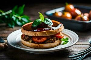 a hamburger with tomato sauce and basil on a plate. AI-Generated photo