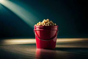 a red bucket filled with popcorn on a wooden table. AI-Generated photo