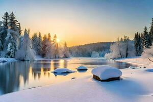 photo wallpaper the sky, snow, trees, river, sunset, trees, river, winter,. AI-Generated