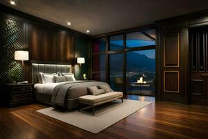 a bedroom with wood paneling and a view of the mountains. AI-Generated photo